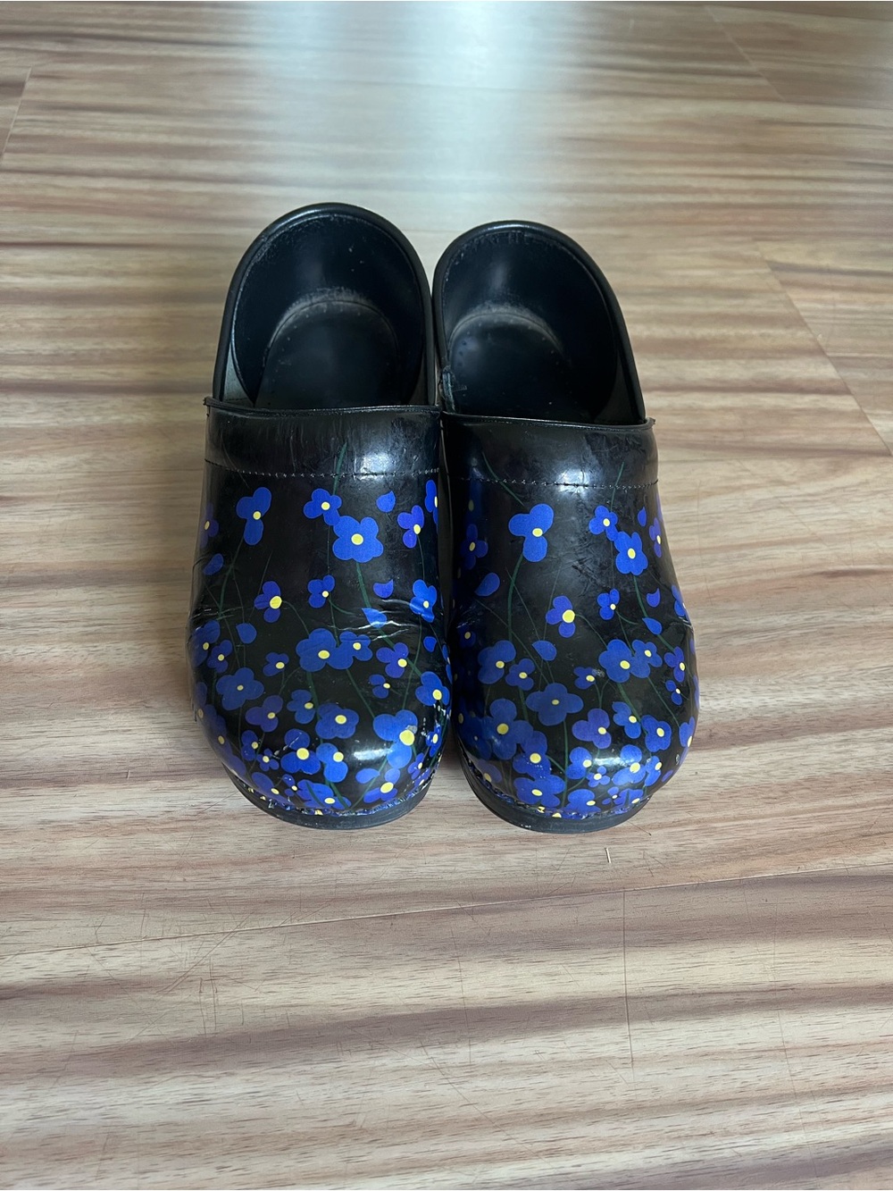 Dansko Professional Patent Clogs with Blue Flower Print